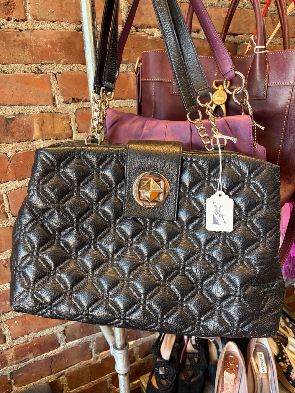 Kate Spade Quilted Black Leather Tote Bag with Gold Accents